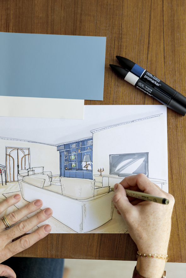Croquis à main levée représentant l’aménagement d’un séjour, dessin d’architecture d’intérieur