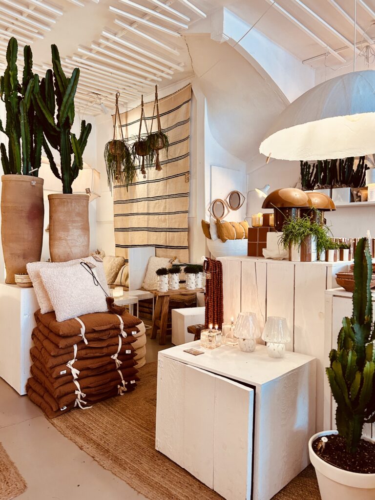 Vue de la boutique Abaca au Touquet : décoration artisanale, luminaires et ambiance végétarienne chaleureuse